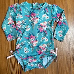 Ruffle Butts blue floral long sleeve rashguard one piece swimsuit SIZE 12-18M